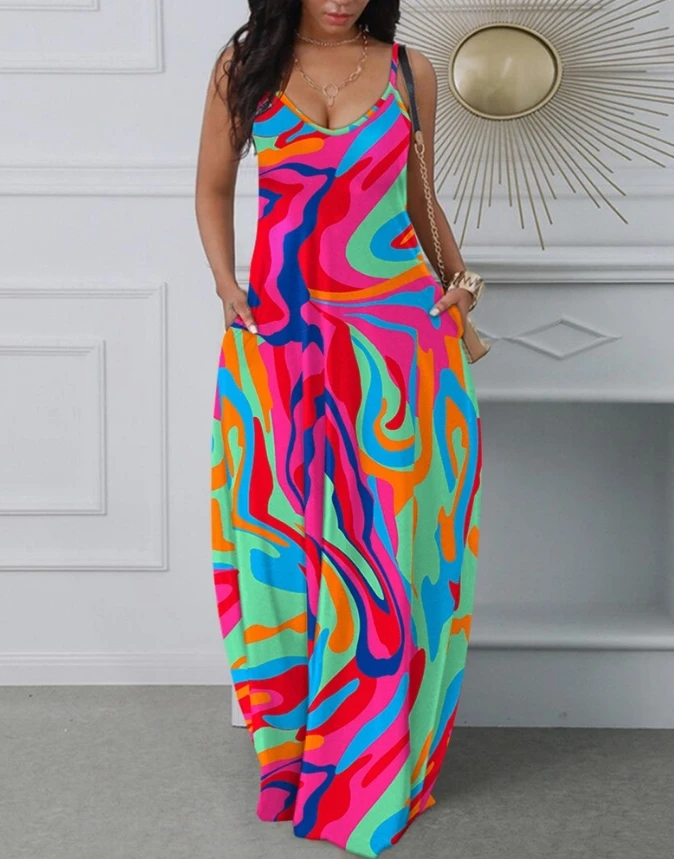 

New Fashion for Women 2024 Summer Casual Dresses Elegant Sexy V-Neck Abstract Print Spaghetti Strap Daily Vacation Maxi Dress