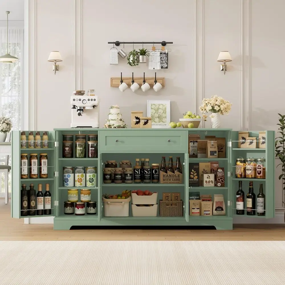 54 Green Kitchen Buffet Cabinet with Storage and Adjustable Shelves