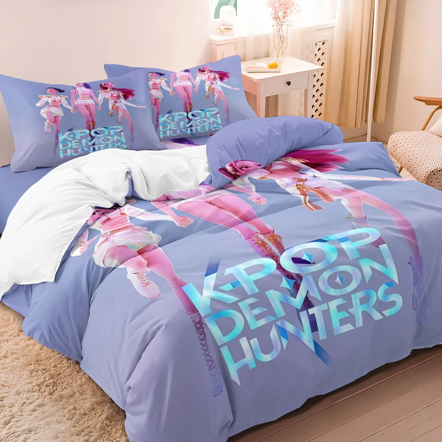 3 قطع من غطاء لحاف بنمط K-Pop Demon Hunters، يتضمن غطاء لحاف واحد و2 كيس وسادة، مناسب لغرف النوم وهدايا مروحة الفنادق