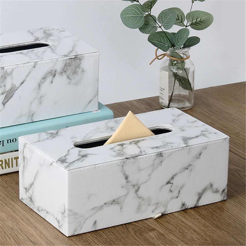 Tissue Box Desktop Tissue Dispenser for Living Room Creative Marble Texture Leather Paper Storage Box Durable Paper Organizer