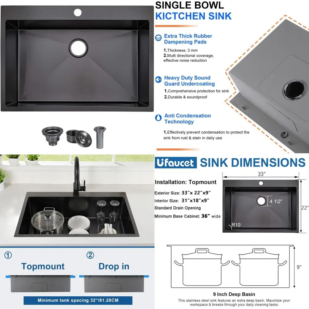 

Modern Handcrafted 9 Deep Stainless Steel Single Bowl Kitchen Sink, Gunmetal Black, 16 Gauge, Topmount Design