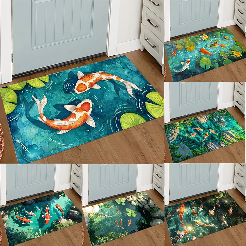 Vibrant Koi Fish Pond Pattern Door Mat Realistic Koi Carp with Lotus Leaves Rockery Design Floor Mat for Home Entrance Decor
