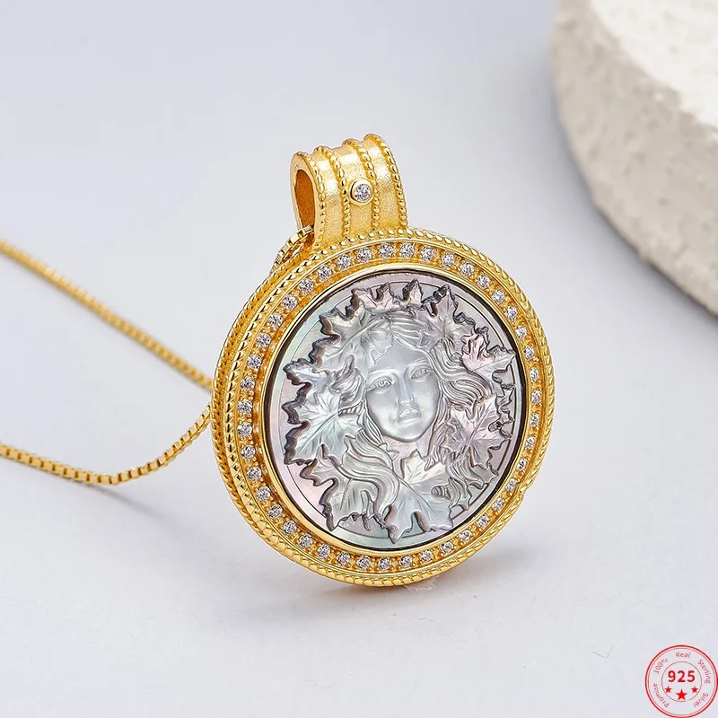 

S925 Sterling Silver Pendant for Women Men Gilded Micro Inlaid Zircon Black Shell Cameo Queen's Portrait Charm Jewelry Wholesale
