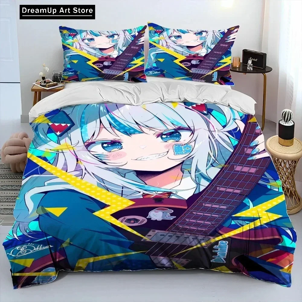 Cute Gawr Gura Hololive Anime Shark Bedding Set Boys Girls Twin Queen Full Size Duvet Cover Pillowcase Bed Adult Bedroom