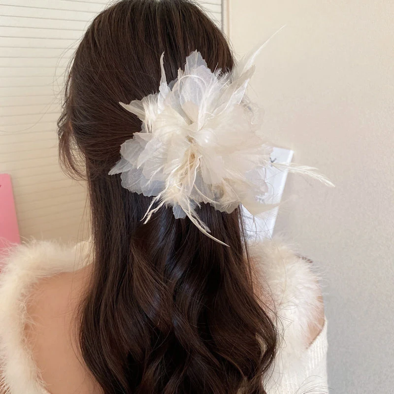 New Ostrich Feather Gauze Flowers Fairy Hair Claws Ponytail Holder Trendy Shark Clip 3 Colors