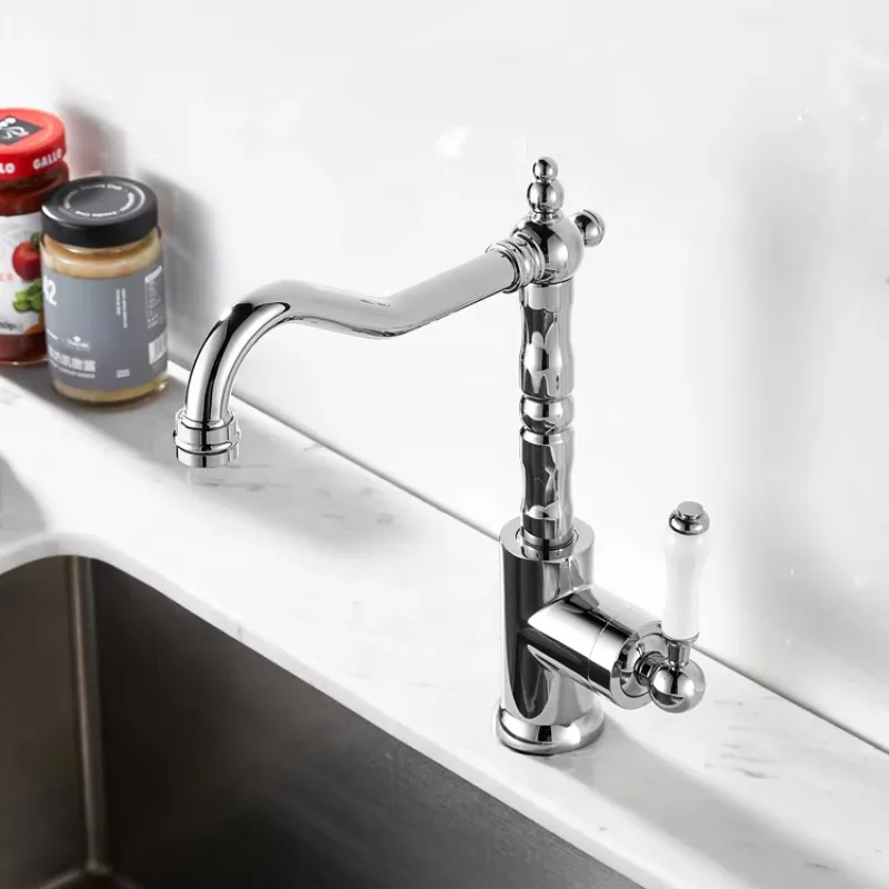 Brass French Retro Kitchen Faucet European Classical Gold Faucet Kitchen Sink Vegetable Basin Creative Cold and Hot Water XR0185