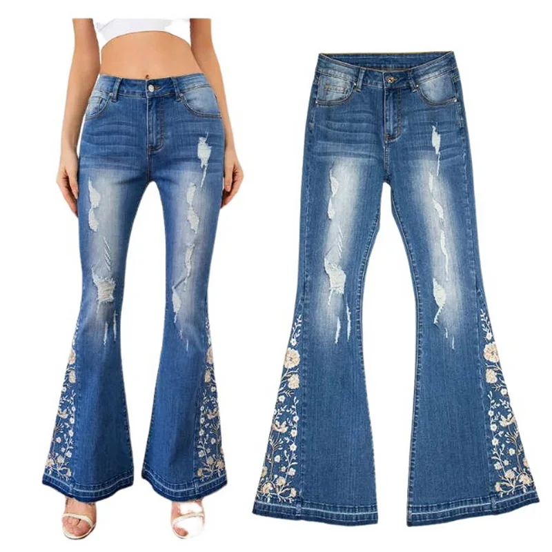 

Bell-bottoms Jeans For Women 3D Embroidered Flower Denim Flared Pants Wear Out In The 1980s