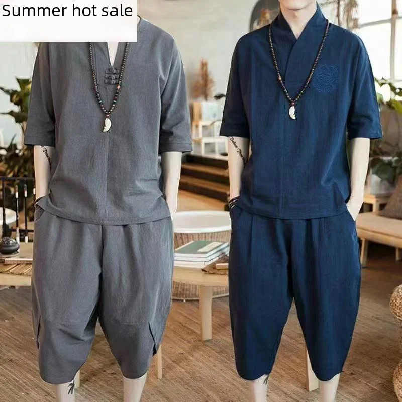 New Summer Linen Suit Men's Chinese Style T-shirt Short Sleeves 2-piece Set Loose-fit Three-quarter Length Pants