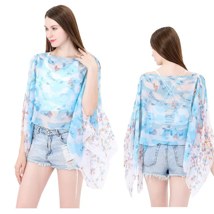 

New Women Sun Protection Shawl for Cycling Lady Summer Chiffon T-shirt Holiday Flower Scarf Bikini Blouse Breathable Beach Wrap