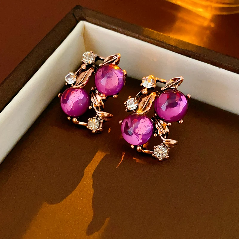 Red Rhinestone Resin Leaf Flower Metal Stud Earrings for Women Vintage Exquisite New in Earring Personality Elegant Jewelry Gift