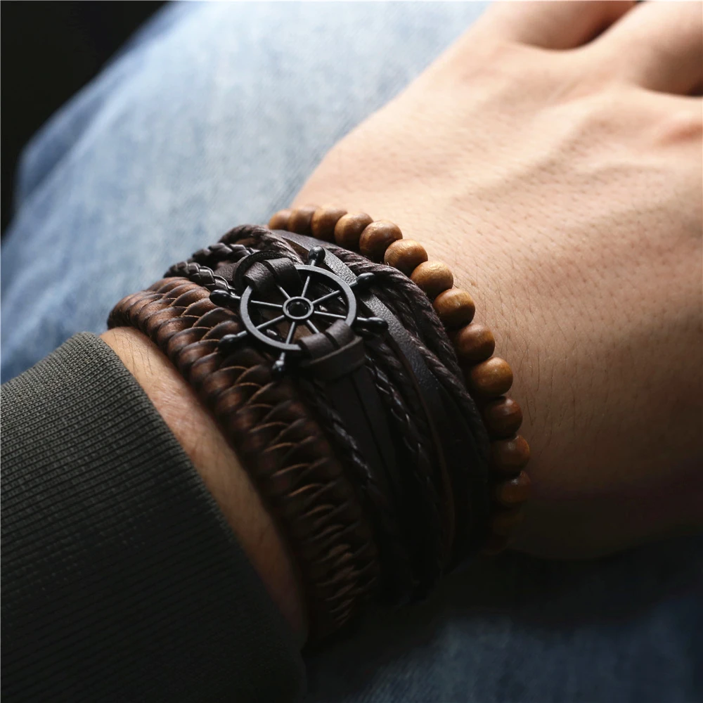 New Rudder Charm Leather Bracelets Men Wood Beads Bangle 4 Pcs/Set Handmade Homme Male Jewelry