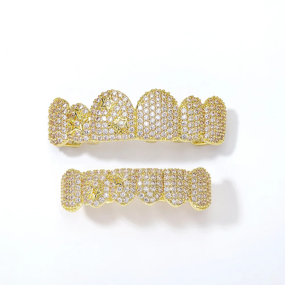 Hip Hop 6 Teeth Full Bling Zircon Grillz Gold Silver Plated Top Bottom Teeth Caps For Rapper Stage Performance Party Cosplay Cos