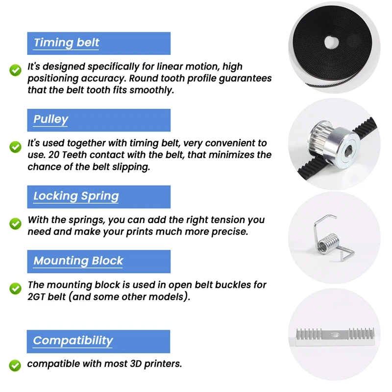 5Mx6mm Gt2 Timing Belt +4Pcs 20 Tooth 5Mm Inner Diameter Pulley +4Pcs Idler + 4Pcs Tensioner Spring Torsion +2Pcs Gear Clamp Mou