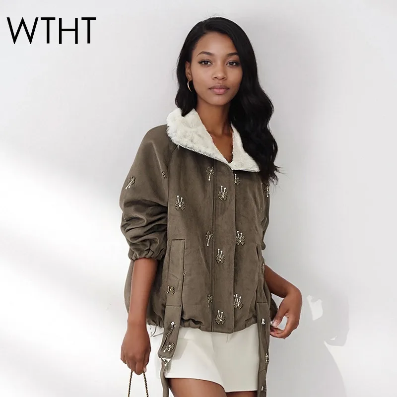 

WTHT 2025 Winter Fashion Women's Woolen Lapel Quilted Jacket New Trendy Long Sleeves Loose Warm Coat Female 1LS2648