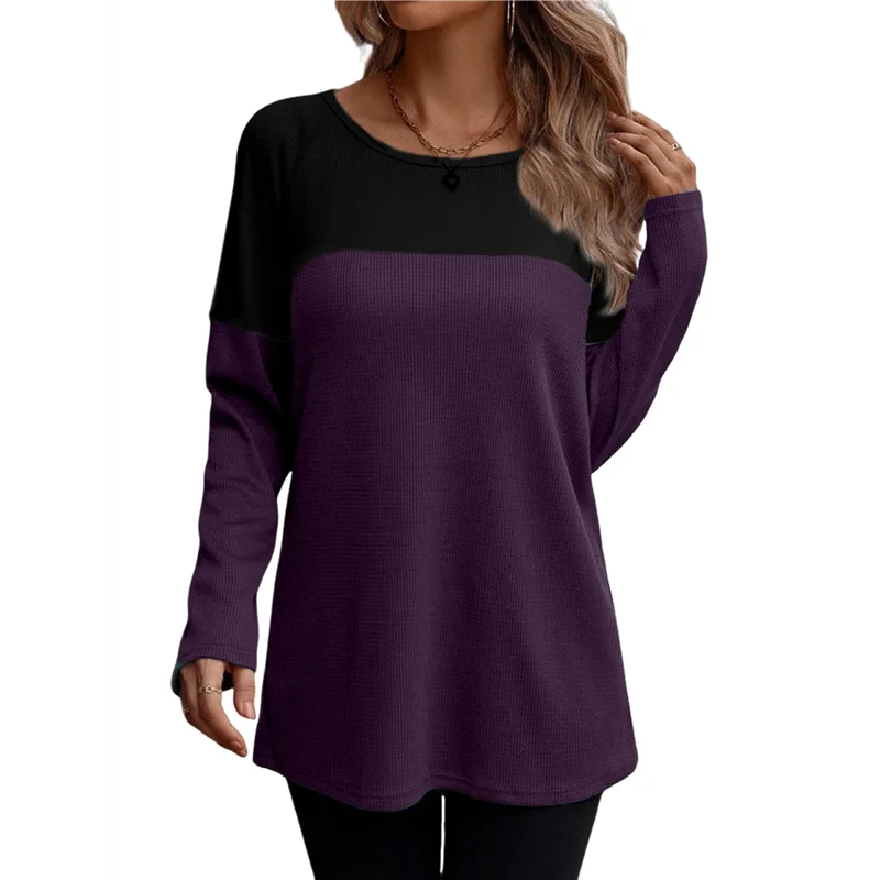AOAO-Camisas de punto tipo gofre para mujer, camiseta de manga larga con bloques de colores, túnicas con detalle de botones