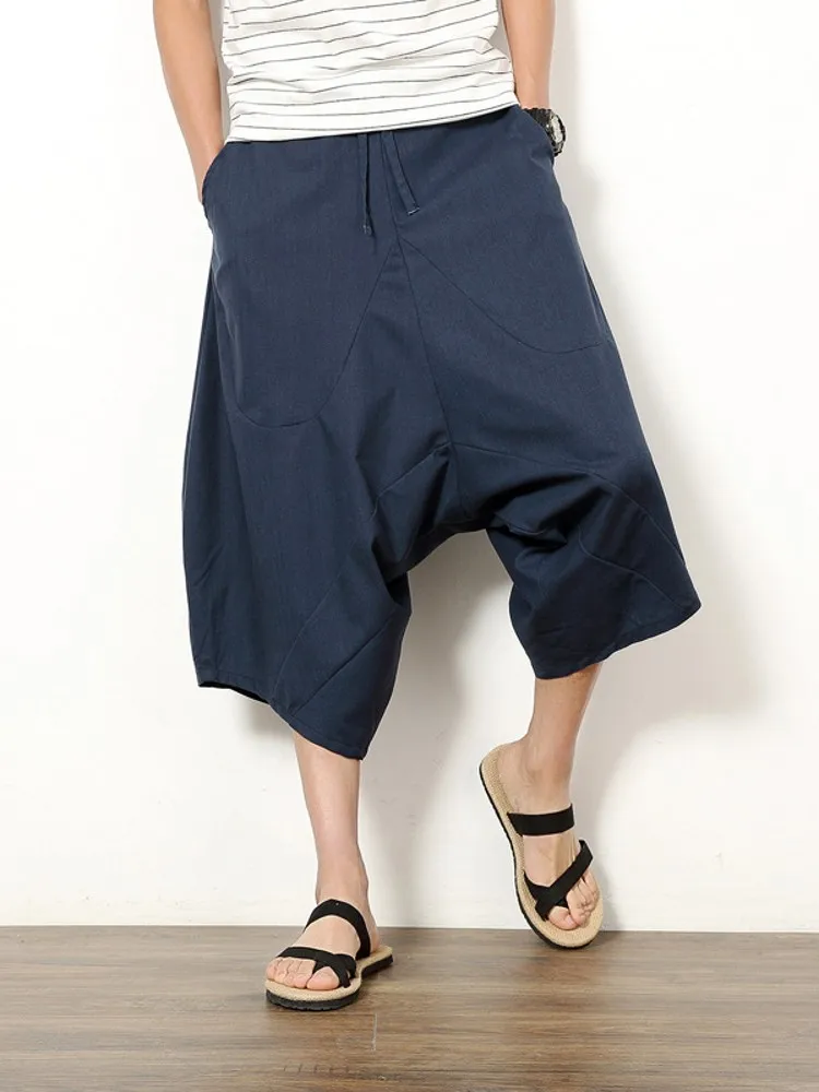 Summer Men\'s Japanese Samurai Boho Summer Harem Shorts Hakama Linen Cotton Pants 5 Colors Loose Fit Short Pants Big Size