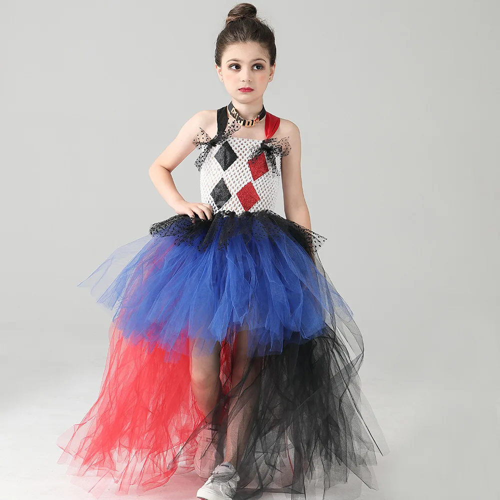 Clown Dress for Girl Tutu Sleeveless Gown Children Party Halloween  Carnival Costume Kid Attire Novelty Clothes Circus 2-12Years