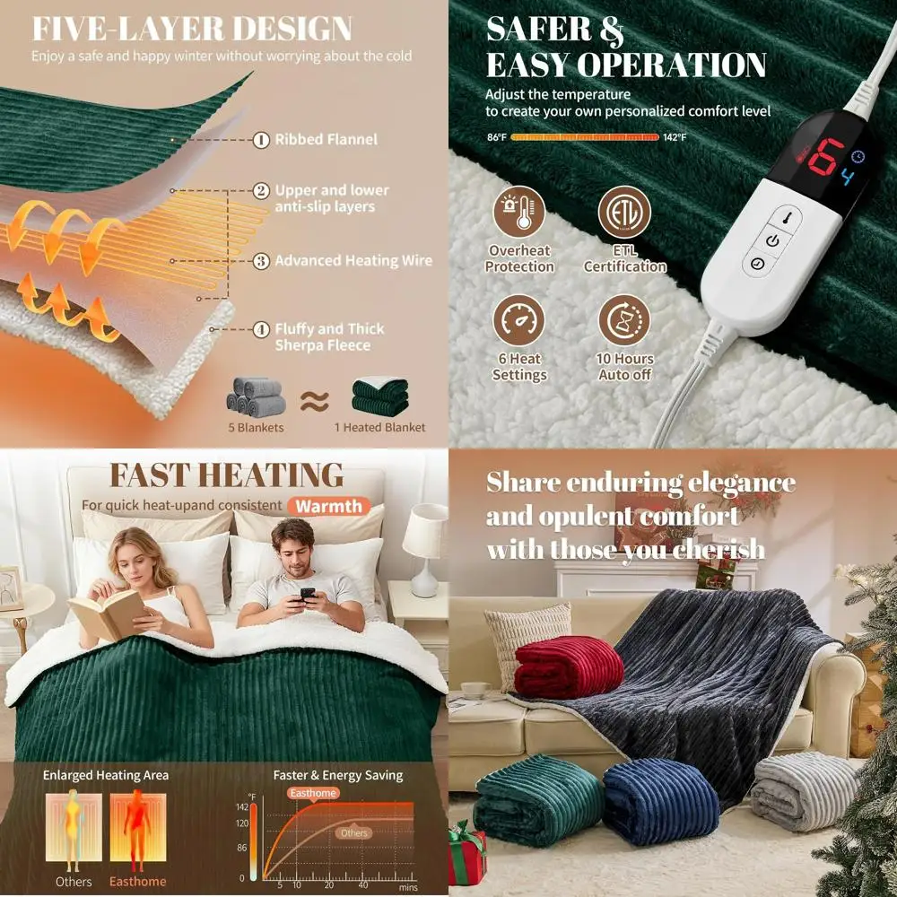 

Queen Size Electric Blanket - 84x90 Dual Control, 6 Heat Levels, 10-Hour Auto Shut-Off, Soft Flannel, Overheat Protection, Dark