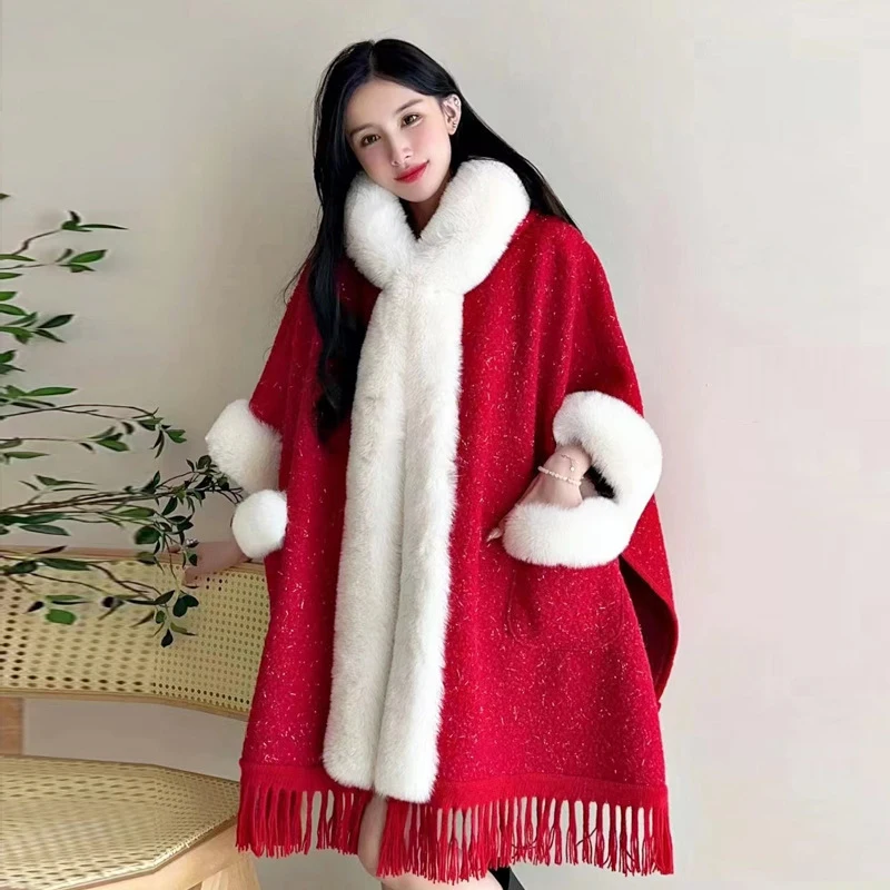 Young Fashion White Faux Rex Rabbit Fur Coat Hood Long Loose Thick Wool Overcoat Cape Winter Women Cloak Dress Smock 2023 New