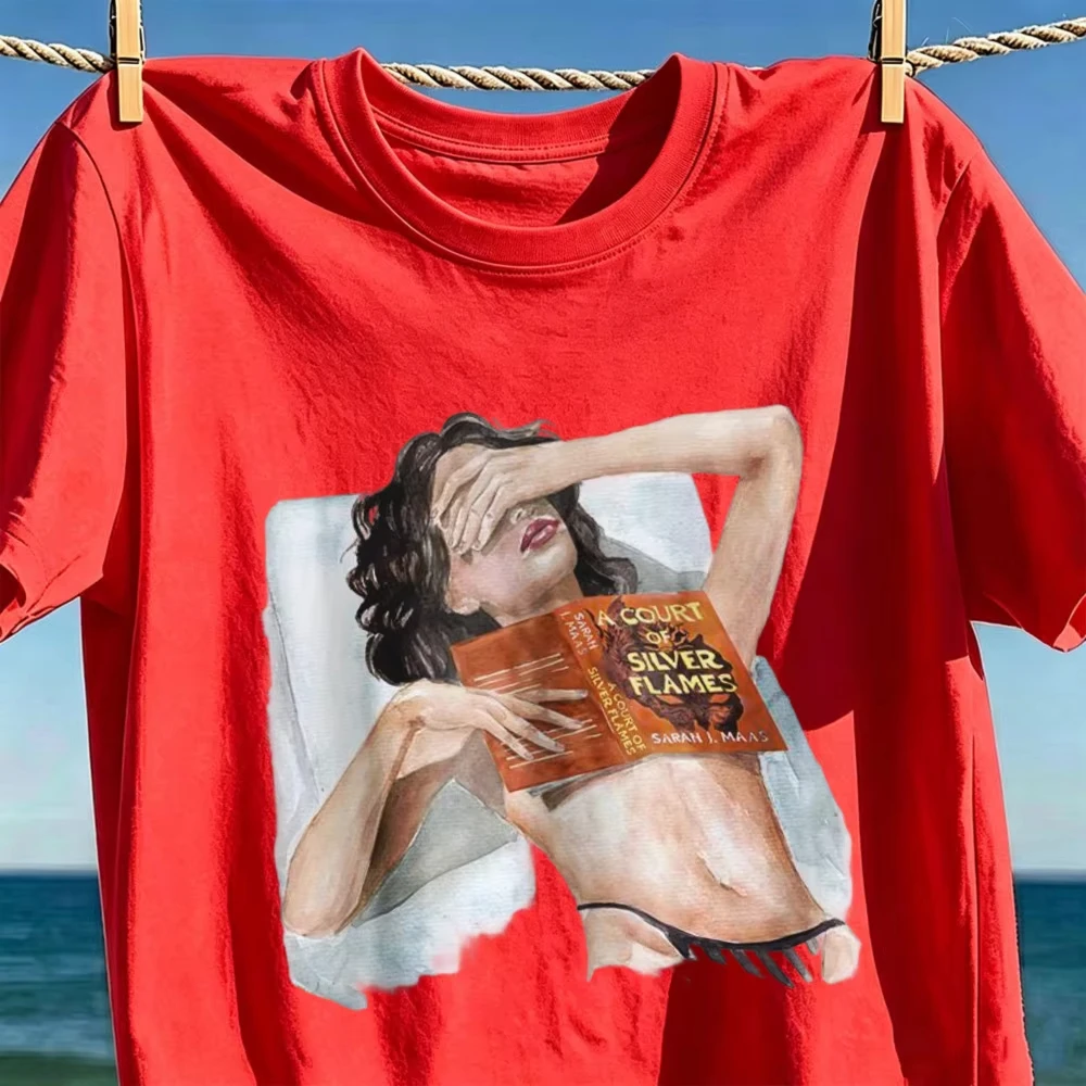 2026 A Court Of Silver Flames Beach Bikini Reading Woman Watercolor Women T-shirt Fantasy Book Lover Grap