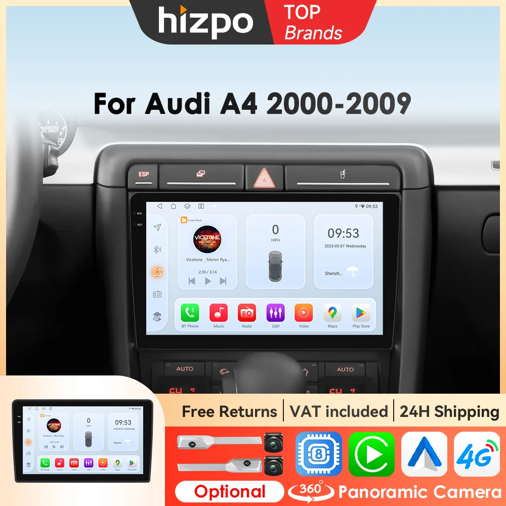 Hizpo 9 "Android 14 Per Audi A4 2000-2009 S4 B6 B7 RS4 Seat Exeo RS4 Autoradio Lettore Video Multimediale di Navigazione 360 Macchina Fotografica RDS