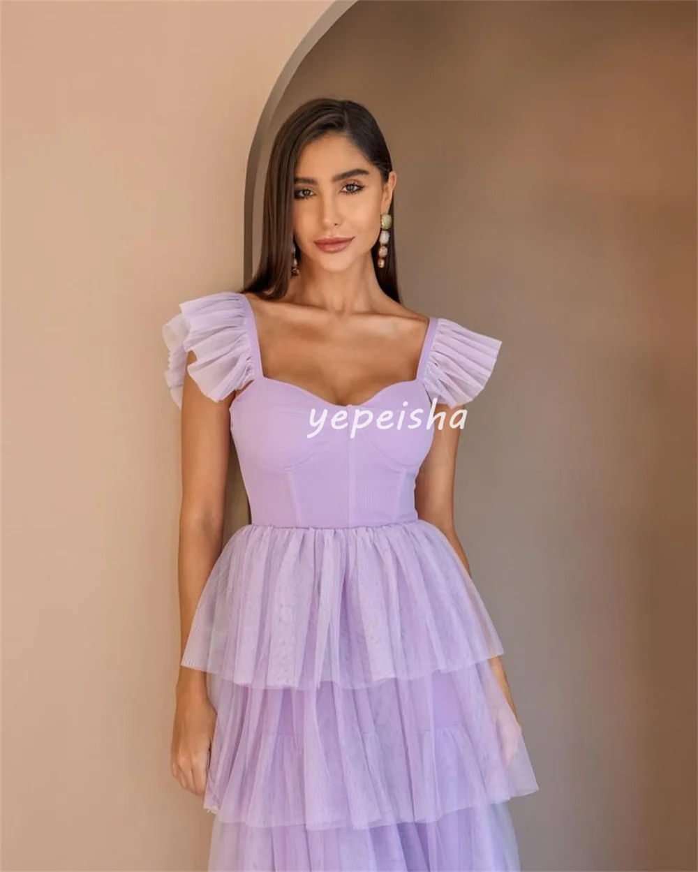 Vestidos largos personalizados con pliegues de tul simples y plisados escalonados, vestidos largos con cuello cuadrado, vestidos para ocasiones a medida, exquisitos y elegantes