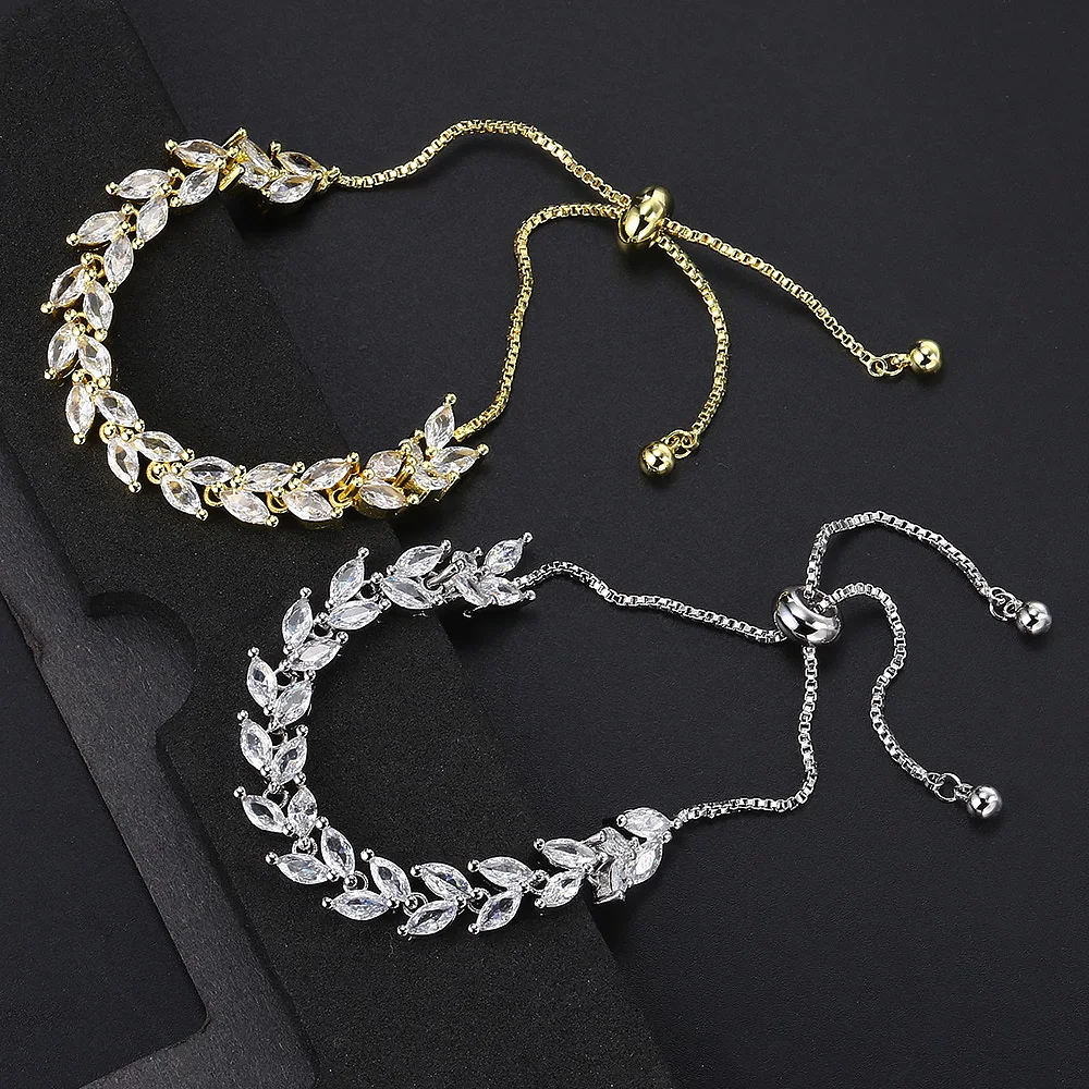 Wunderschönes, glänzendes, verstellbares Blatt-Tennisarmband mit Zirkonia-Besatz für Damen und Herren, zarte Kristall-Handkette, Schmuck H035 – Detail 7