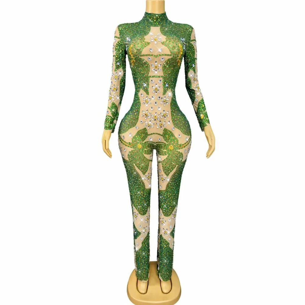 จั๊มสูทตาข่ายประดับคริสตัลวิบวับ ดีไซน์หรูหรา เซ็กซี่ เหมาะสำหรับงานแฟชั่นโชว์ งานปาร์ตี้ ชุดนักร้อง นักเต้น ชุดแสดงบนเวที