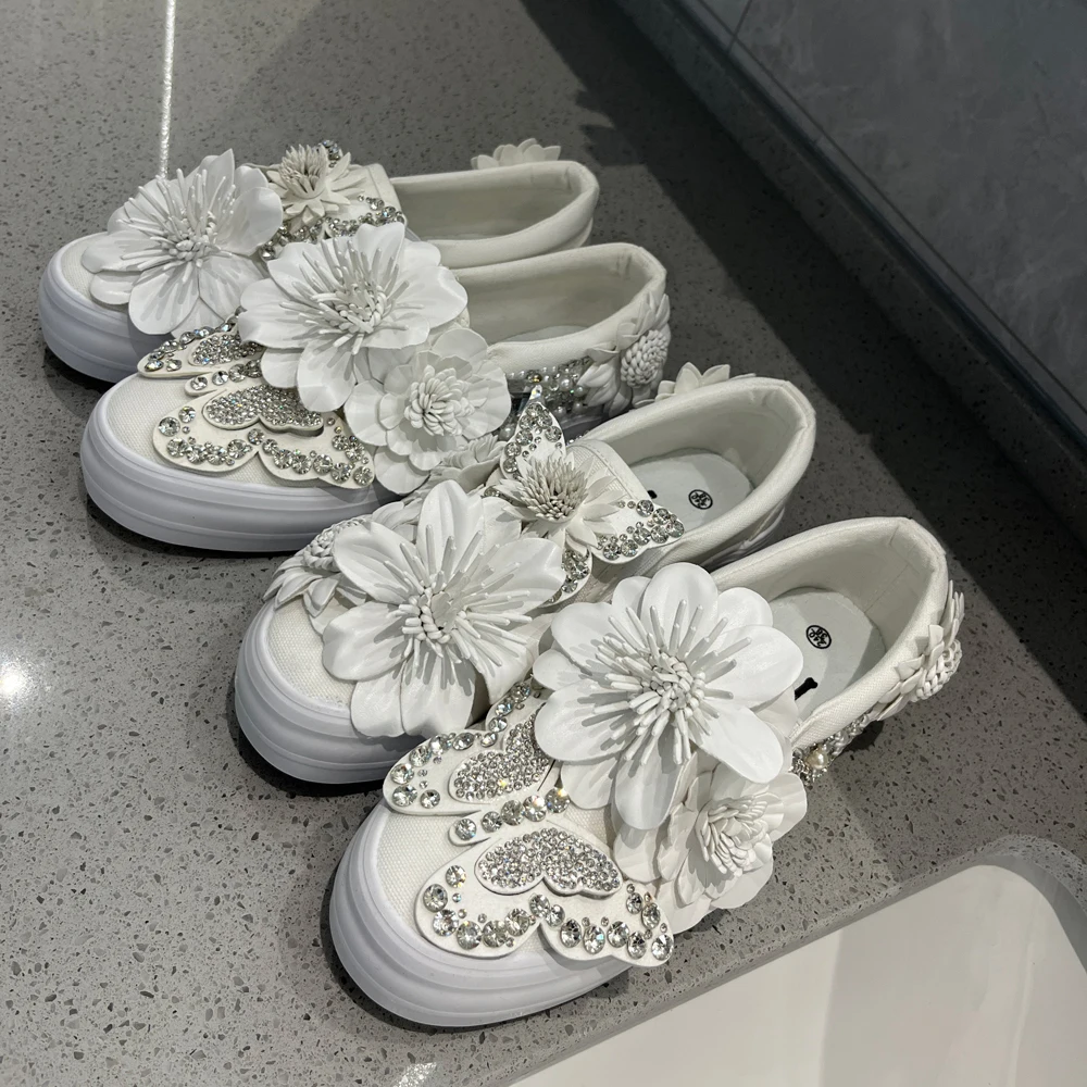 Bride Sneakers White 3cm Platform Comfortable Flower Crystal Bow High Quality Plus Size Round Toe Wide Foot Casual Canvas Shoes