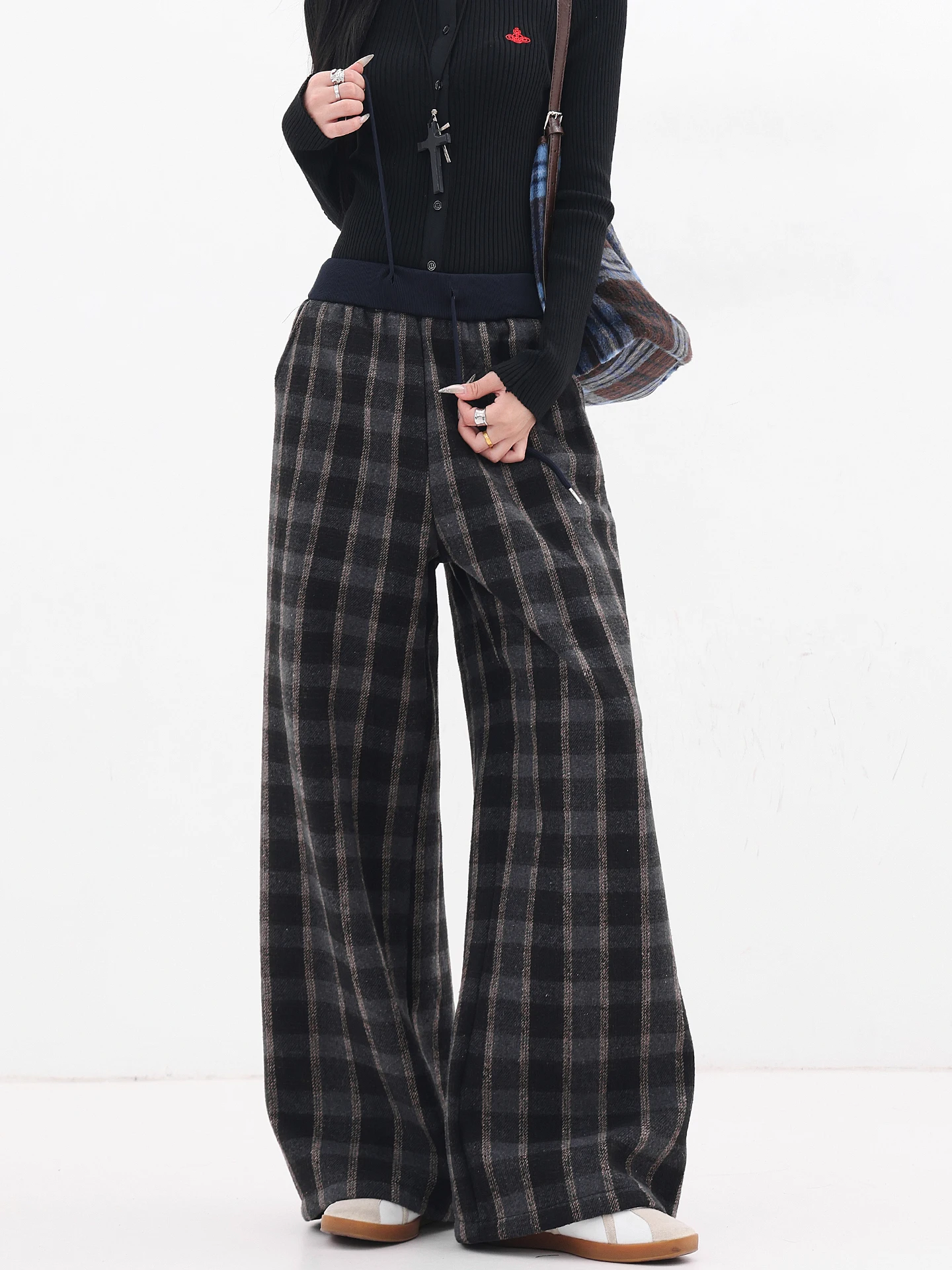 

Thiened Fce Winter Plaid Casual Pants Women's Floor-Length Belted Loose Fit Trousers Warm l Waist Straight Leg Pants