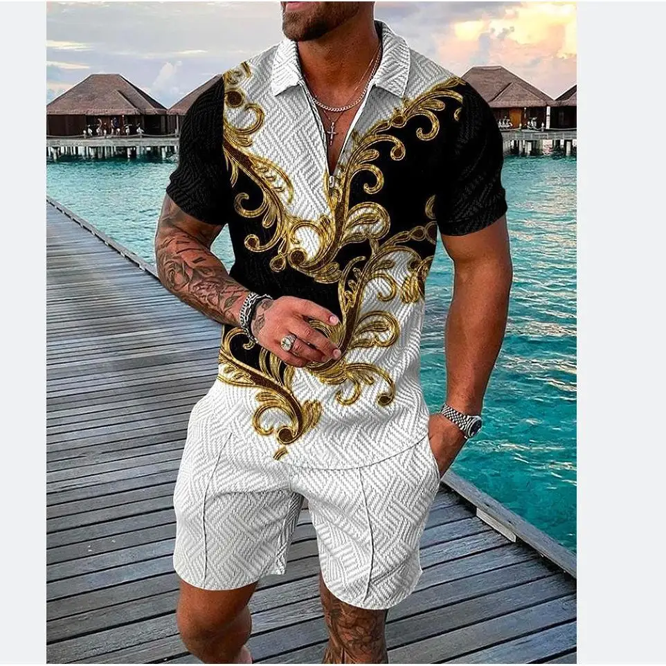 

plus Size Men's Printed Sports Shirt Shorts Set Zipper Collar Casual Autumn Outfit Seven Sleeve Short Length T-Shirt