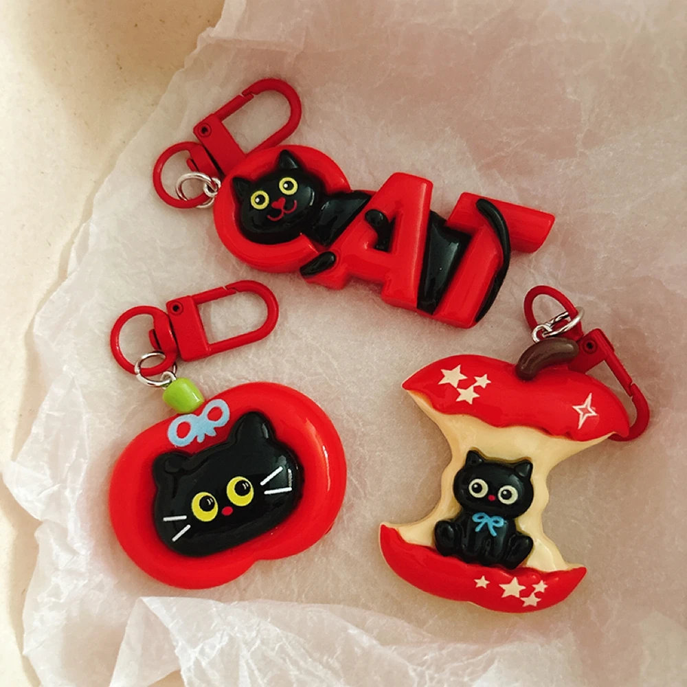 Cute Apple Black Cat Keychain Cartoon Resin Bag Charm Mini Key Ring Aesthetic Backpack Pendant Holiday Gift For Girls Women - view 4