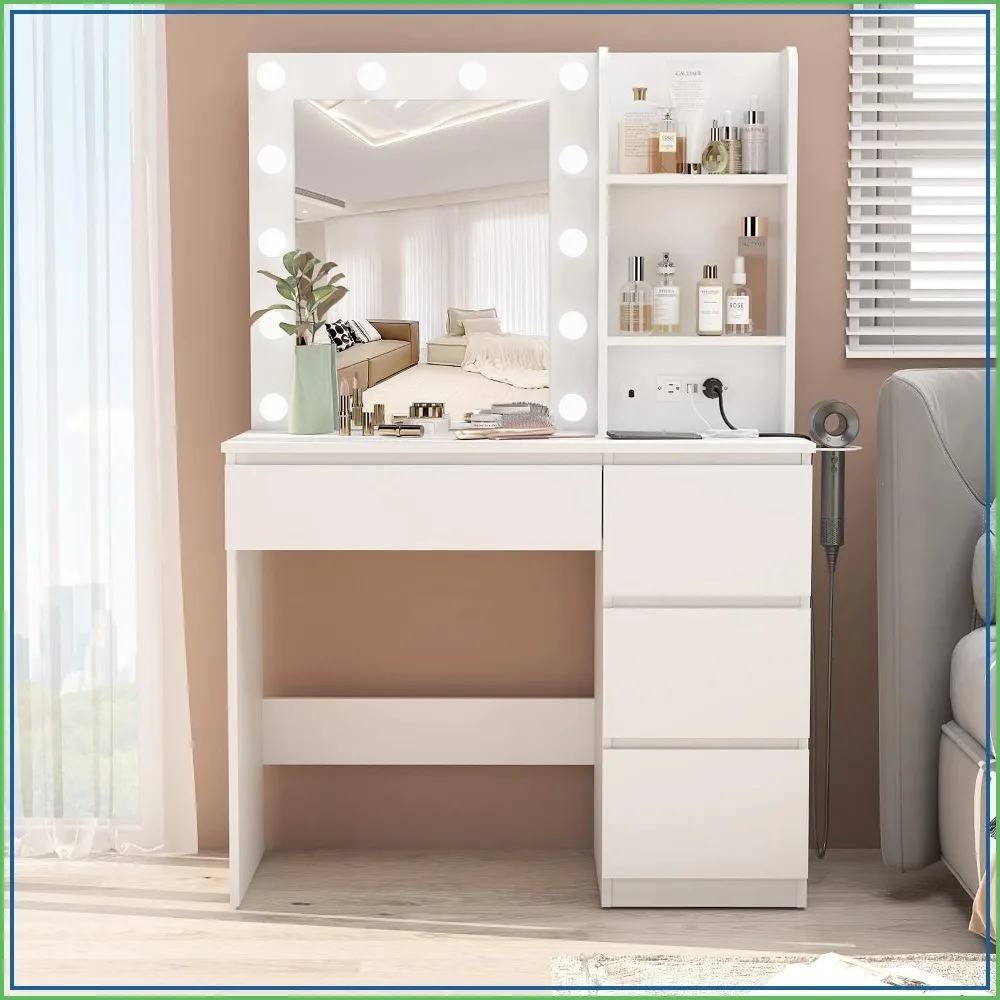 Makeup Vanity with Lights 37 inch Desk with Power Strip and 4 Drawers, 3 Lighting Colors, White