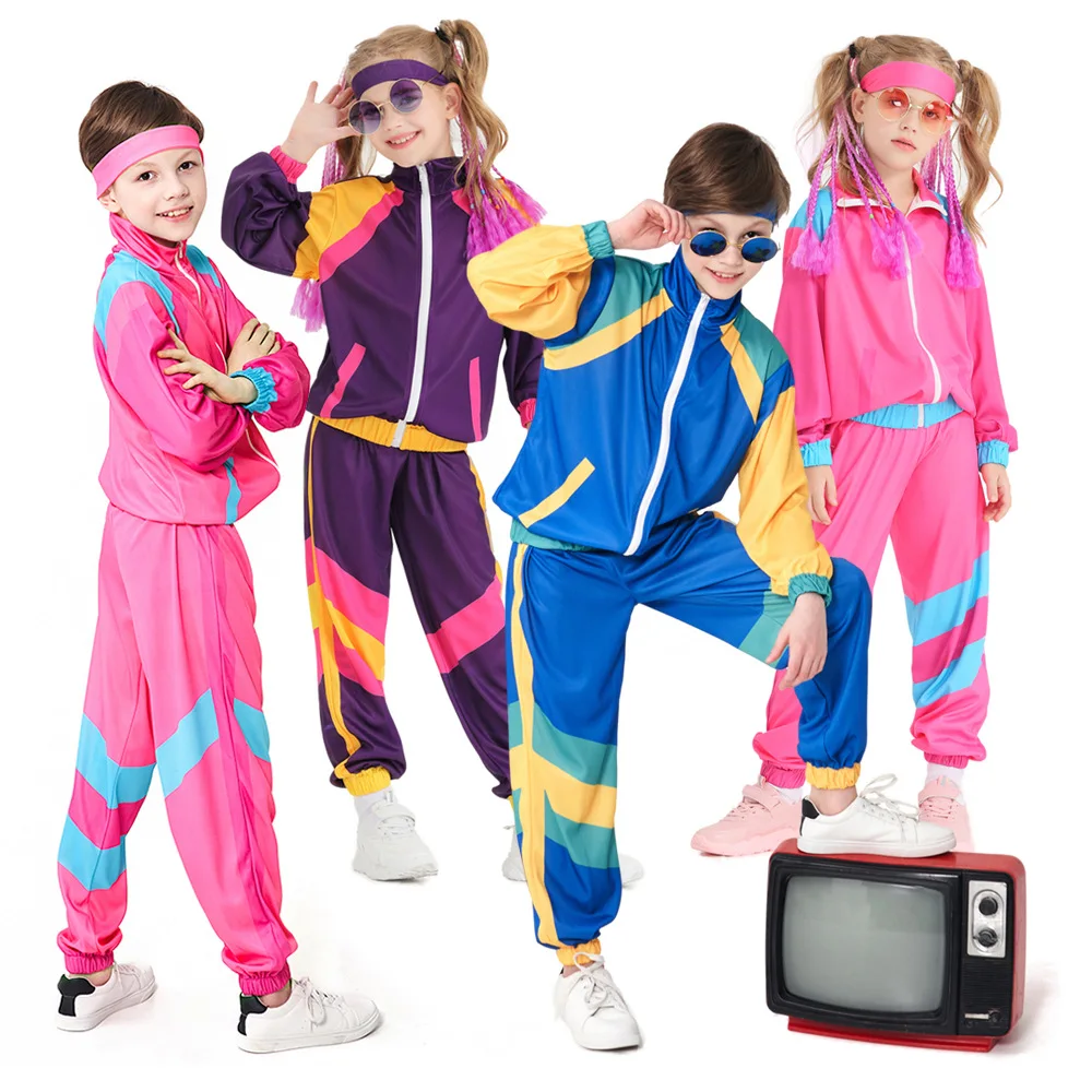 Kids Hippie Fantasia 80s 90s Costume Children Disco Party Cosplay Boys Girls Hip-Hop Carnival Vintage Rock Jacket Pant Halloween