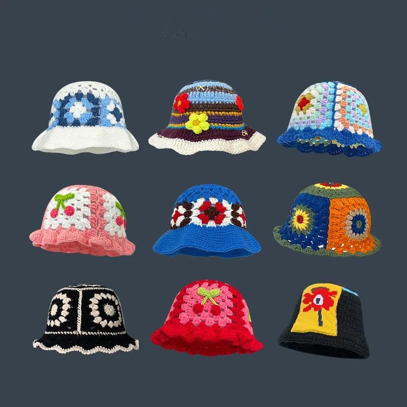 

2023 Flower Crochet Bucket Hat Women Spring Autumn Handmade Knit Beanies MENS Korean Fashion Beach Bikini Panama Winter Warm Cap