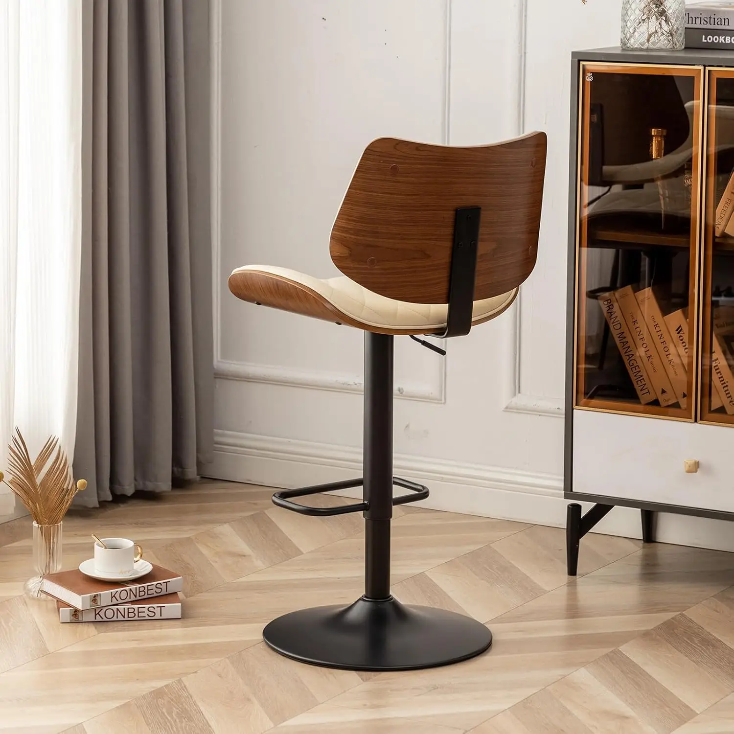 Bar Stools Set of 2 Mid Century Modern Adjustable Counter Height Black Leather Upholstered 360°Swivel Bar Chairs for Kitchen Isl view 6
