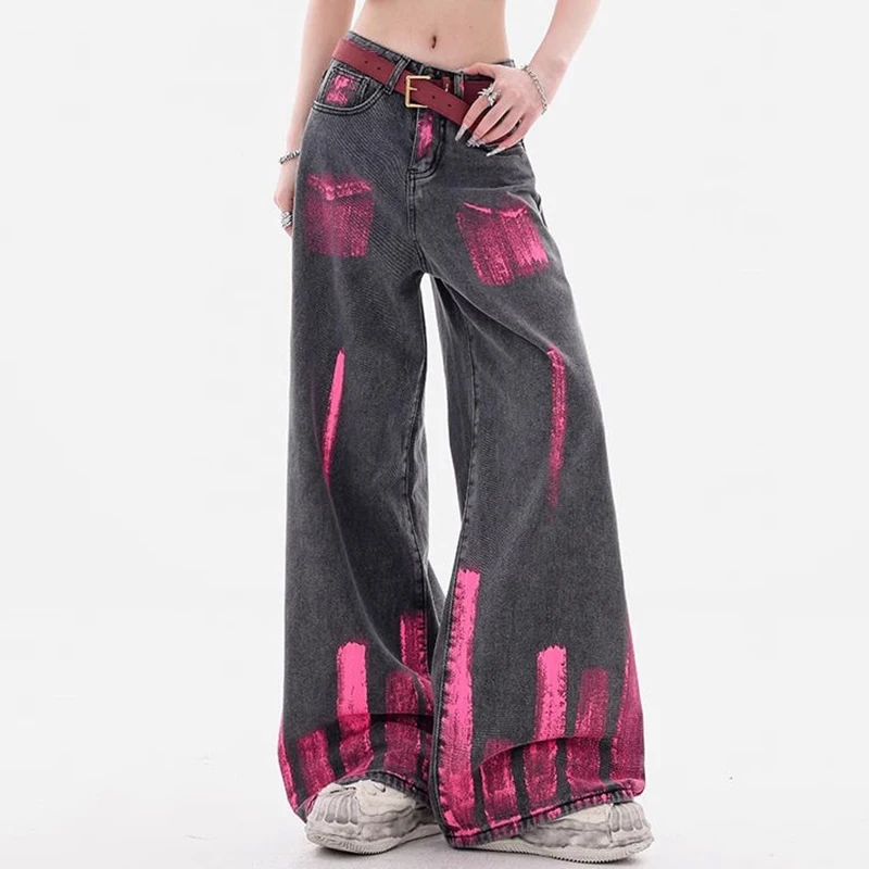 

Женские повседневные джинсовые брюки с рисунком граффити в американском стиле, винтажный дизайн, свободные прямые брюки с высокой талией