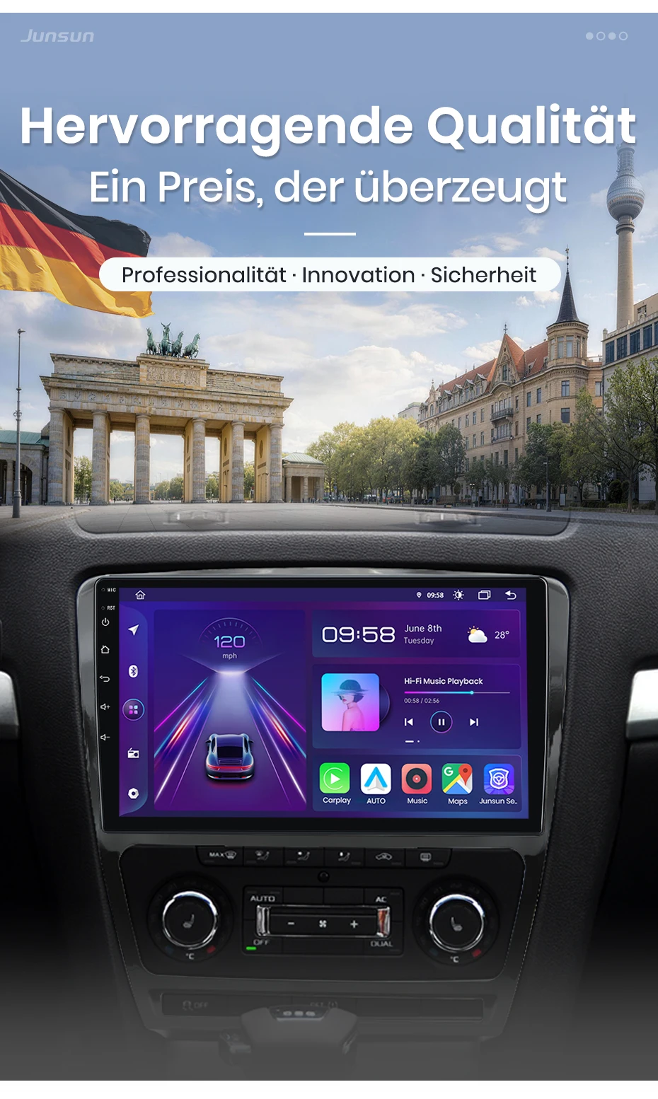 Junsun 10 Zoll Android 15 Autoradio für Skoda Octavia 2 A5 2008-2013, kabelloses Apple CarPlay, Auto-IPS-Bildschirm, Stereo-Multimedia-Videoplayer, intelligente Fahrzeugsysteme, 2-DIN-Autoradio-Haupteinheit, GPS-Navigation, BT, 4G, WLAN, 8-Kern-Prozessor, FM, AM, DSP, RDS, SWC, DAB – Detail 6