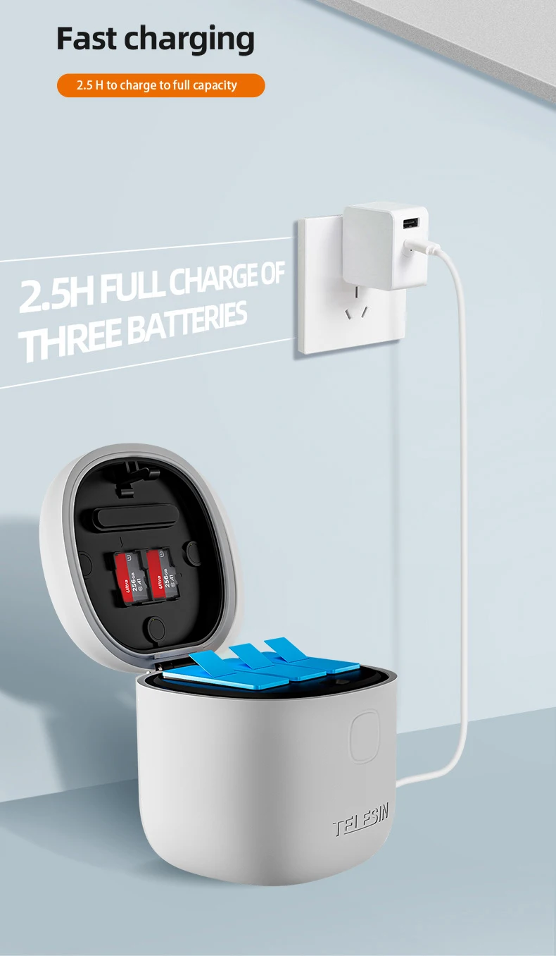 TELESIN 1750 mAh Akku für GoPro Hero 9 10 11 12 Akku 3 Slot Silikon Anti-Fall wasserdichte Ladebox mit TF-Kartenleser – Detail 5