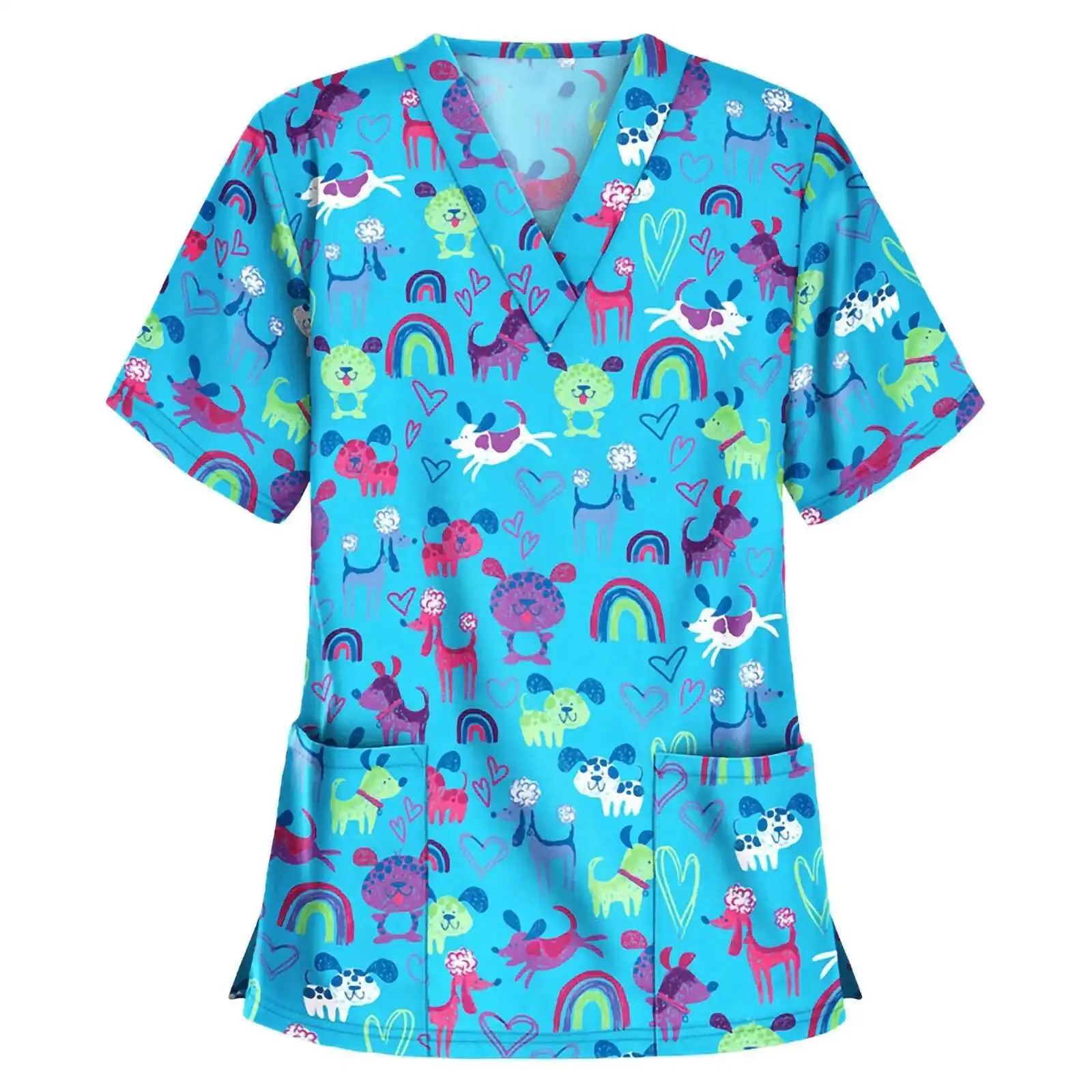 Animal Healthcare Tunic Women Casual Short Sleeve V-Neck Carer Tops Cartoon Dog Print Blouse Overalls Nurse Uniform A50