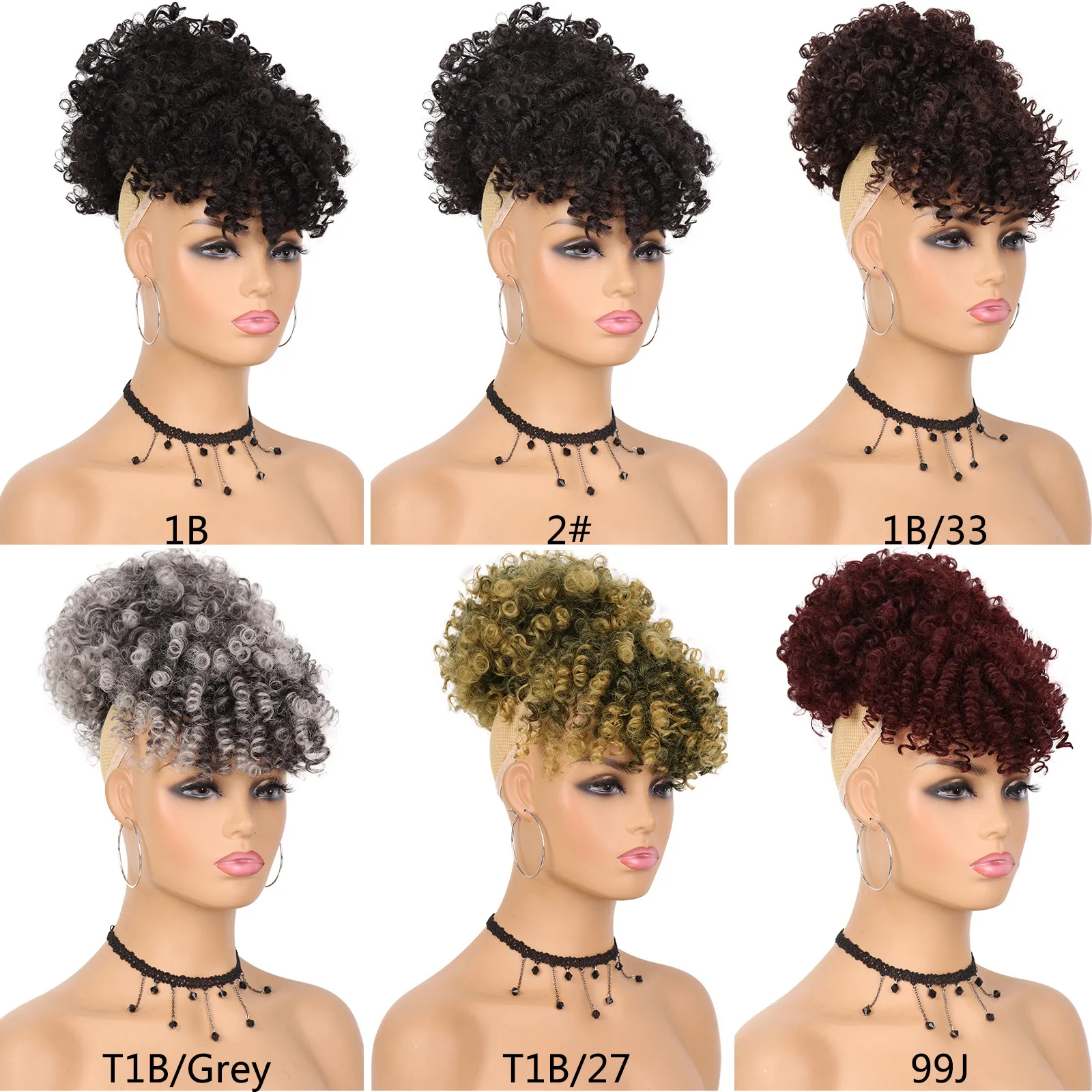 ﻿   ผมหางม้าแบบ Afro Puff พร้อมเชือกผูก มีหน้าม้า ทรงผม Updo แบบสับปะรด สำหรับผู้หญิงผิวดำ ผมสังเคราะห์แบบสั้นหยิกฟูเป็นลอนธรรมชาติ