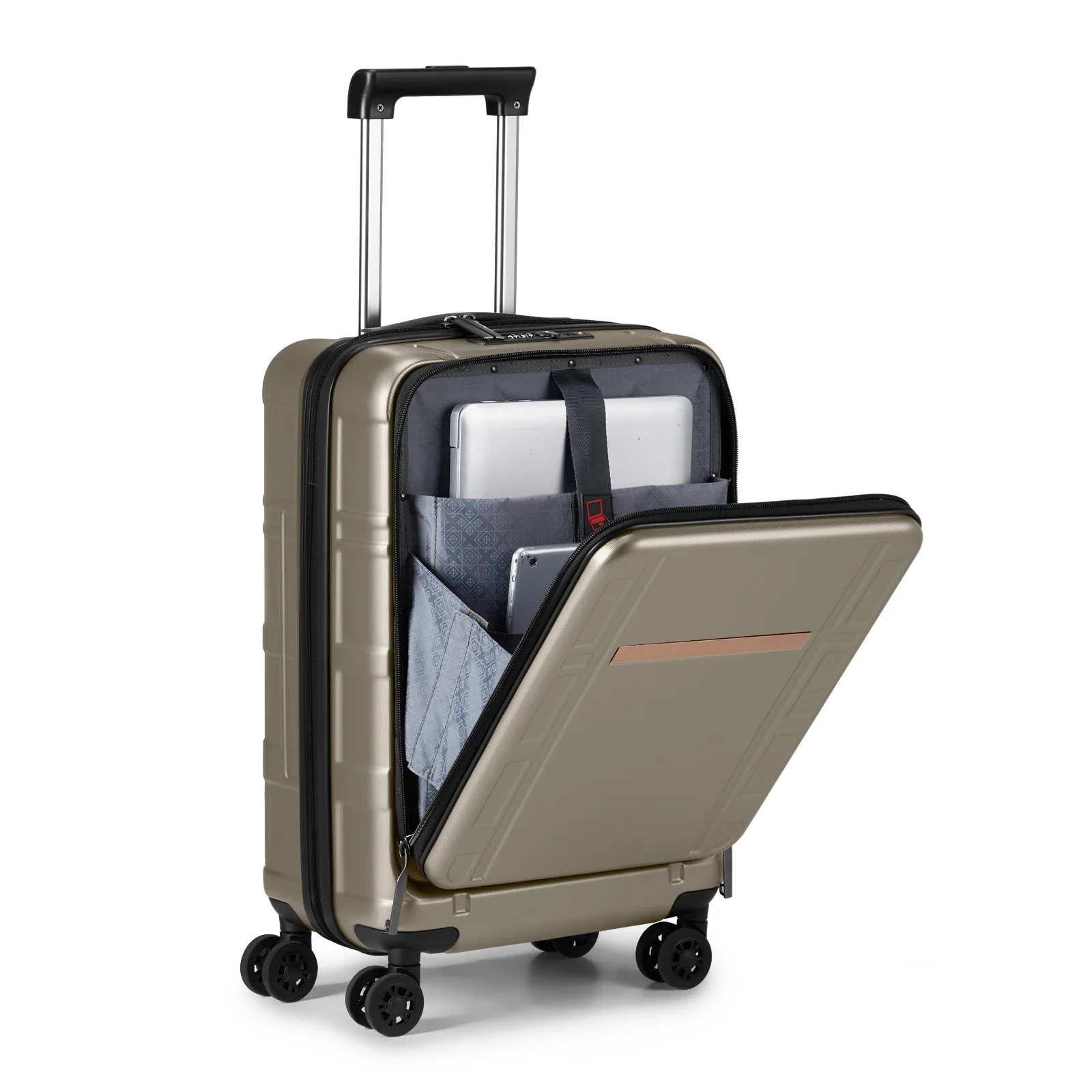 22 X 14 X 9 Airline Approved, ABS+PC 20 Inch Luggage with Front Compartment, Double Spinner Wheels, TSA Lock，Khaki Color