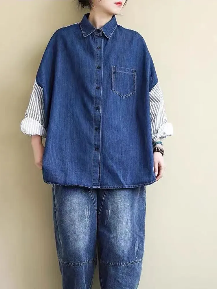 

Повседневный длинный женский весенний модный новый свободный художественный джинсовый топ в полоску с застежкой на пуговицах для поездок на работу