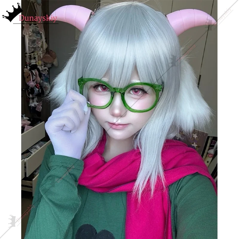 Halloween Deltarune Prinz Ralsei Komplettes Cosplay-Set Perücken Ohren Brille Horn Zaubererhut Spitze Kapuze Outfit Grüne Robe Party-Verkleidung