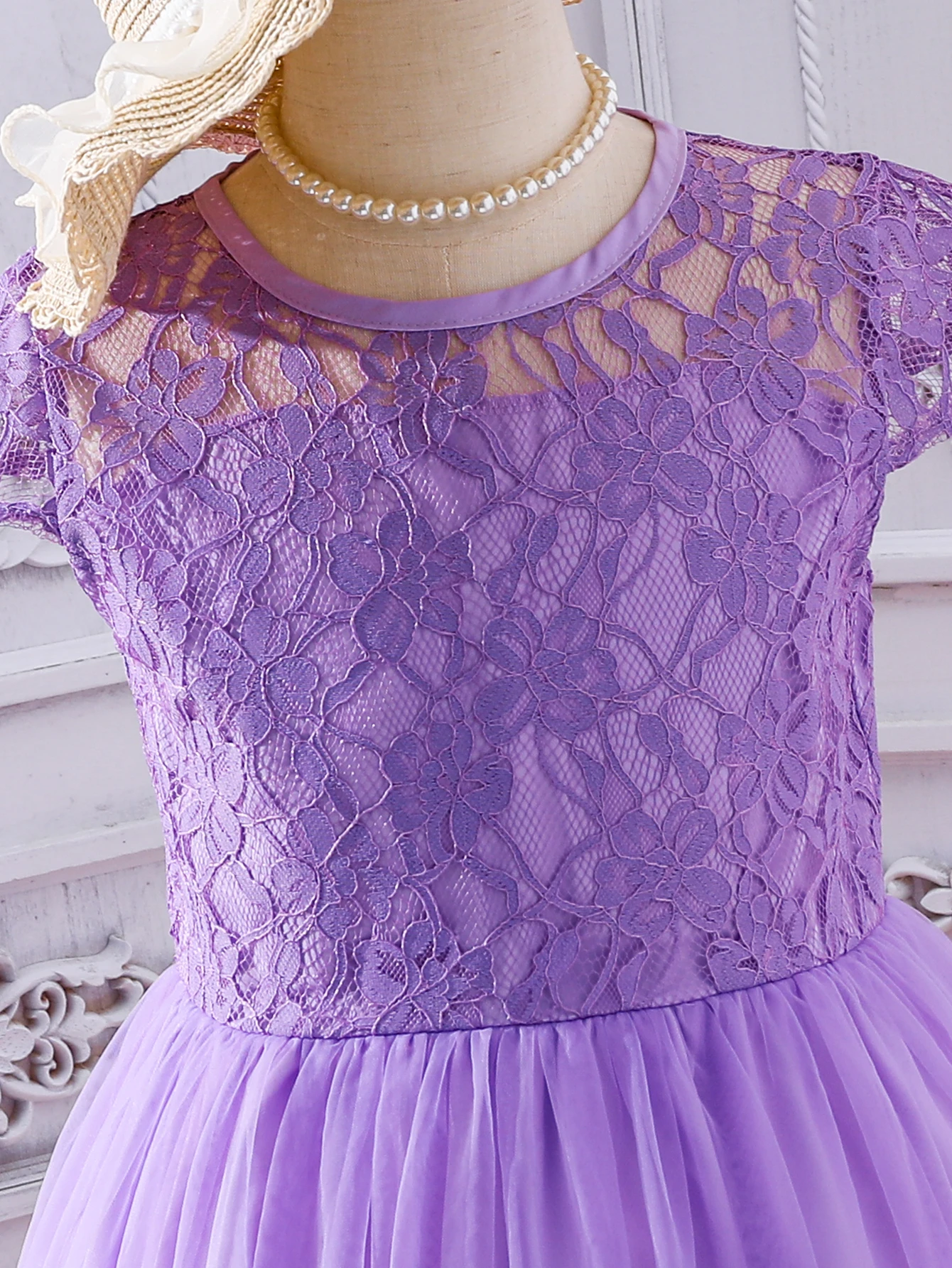 Summer children\'s girls\' dress dress Hollow lace embroidery patchwork pongee double skirt Elegant elegant purple princess dress