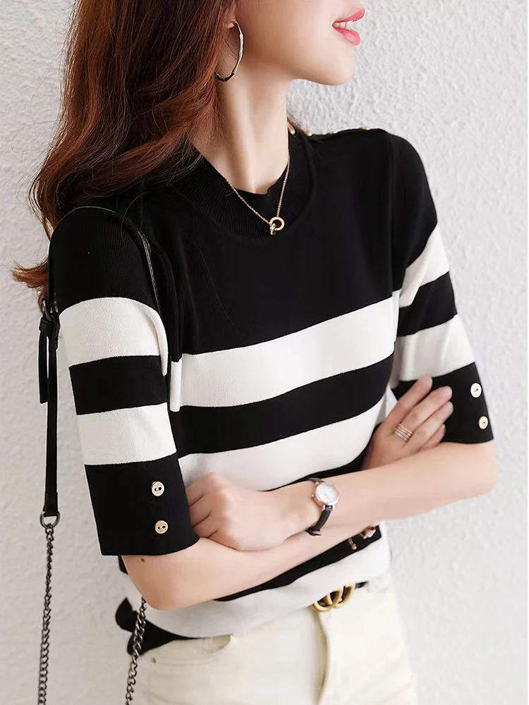 New Striped Sweater Summer Thin Button Up Top Women Clothes Black Ladies Knitted Tops Short Sleeve Pullover Sweater Mujer 2022