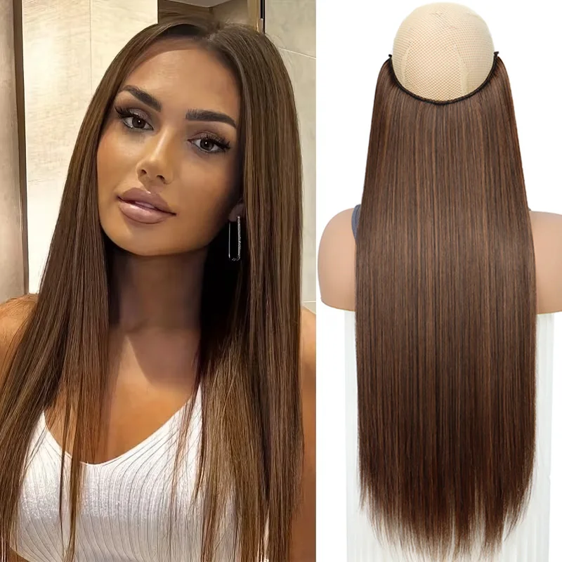24Inch Long Straight Synthetic Hair Extensions Invisible Fishing Line One Piece Hairpieces for Women