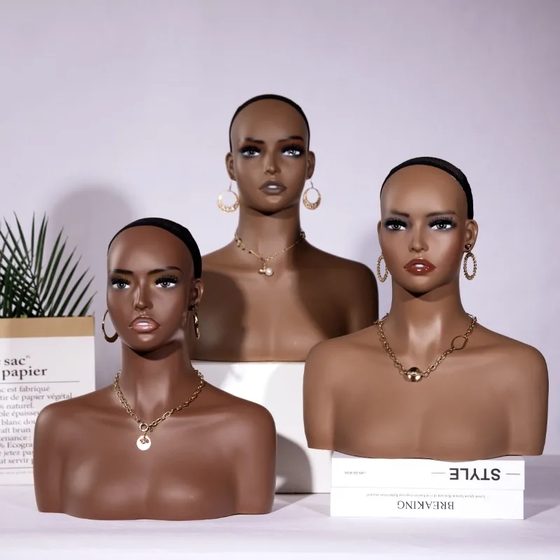 

Realistic Female Mannequin Head with Shoulders Black Wig Display Stand for Hats Jewelry