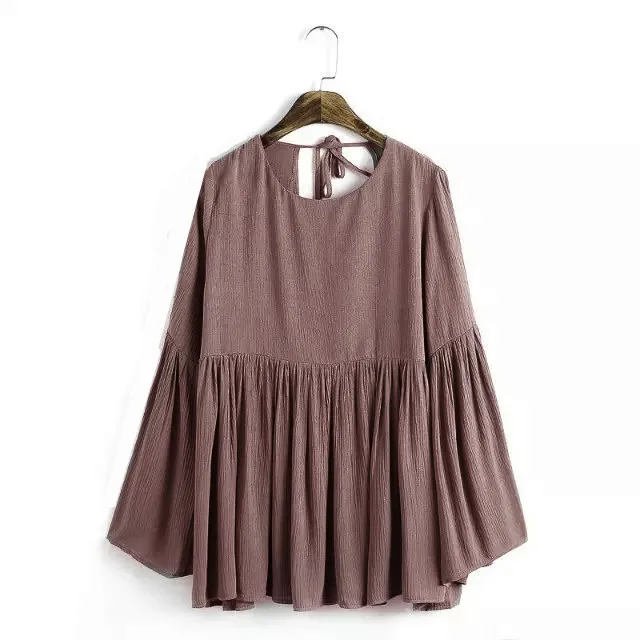 Summer Autumn women cotton linen long sleeve shirts, Flare sleeve linen blouse,deep V sexy blusas plus size vintage shirts view 3