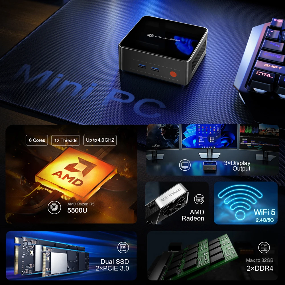معالج MLLSE G1 Mini PC AMD Ryzen5 5500U 16GB DDR4 512GB SSD WiFi-5 BT4.2 Win11 Pro كمبيوتر صغير للألعاب والعمل